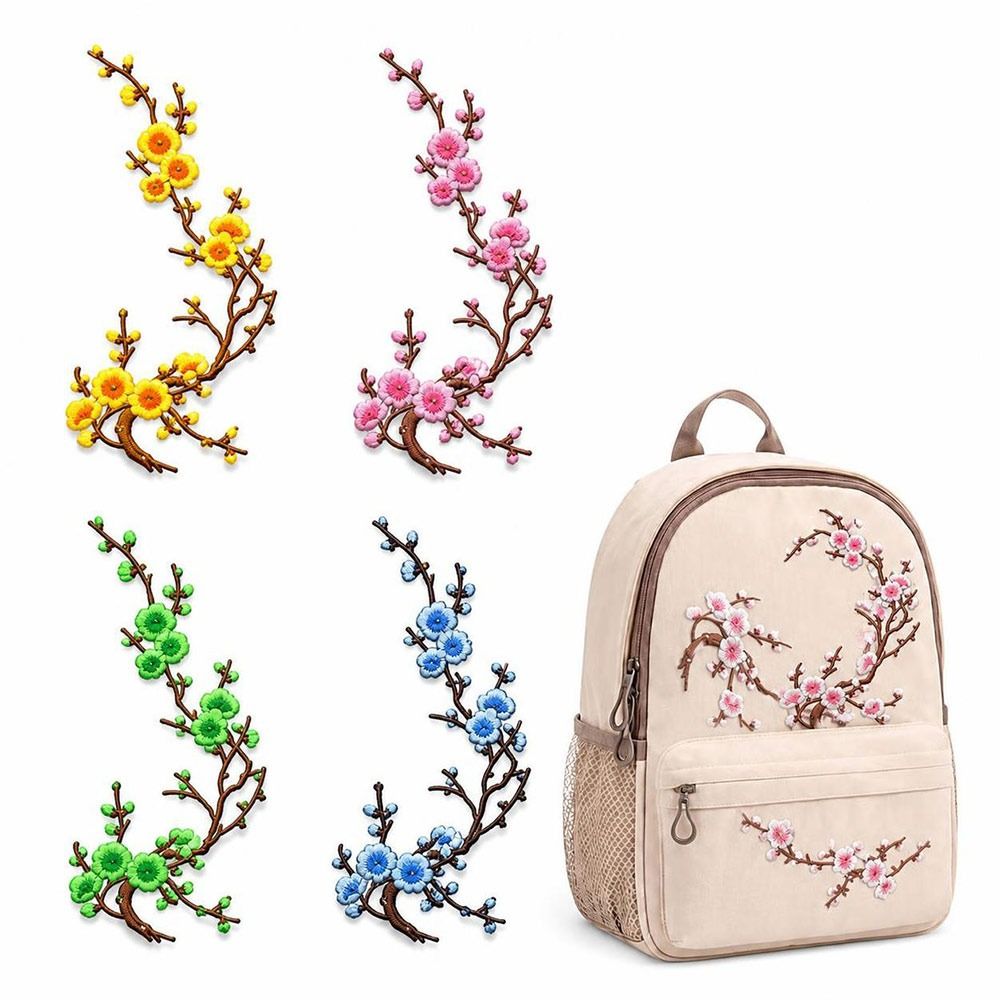 Sewing And Textile - แผ่นปะลายดอกซากุระแบบ DIY สำหรับรีดติดและเย็บติด พร้อมกาวร้อนละลาย แผ่นปะลายกิ่งซากุระสำหรับงานปักตกแต่ง