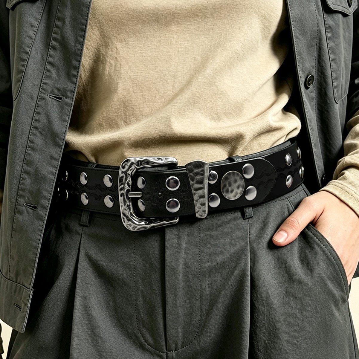 Leather Needle Heavy - เข็มขัดลายค้อนสไตล์อุตสาหกรรมหนัก พร้อมหัวเข็มขัดแบบหมุด ลายพัดสีเข้ม สีดำ สไตล์สตรีทเท่ๆ เอวสูง