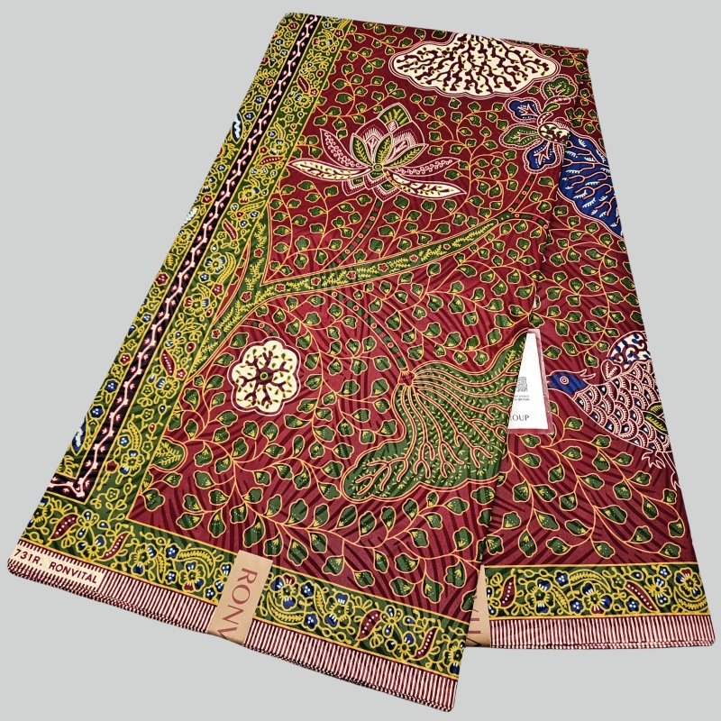Sewing Batik - ผ้าบาติกแอฟริกันสีแดงพิมพ์ลายใบไม้สีเขียว ขนาด 46 นิ้ว * 6