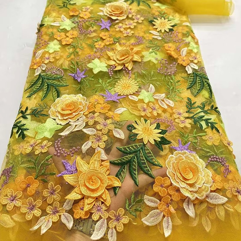 Sewing And Textile - ผ้าตาข่ายลูกไม้ปักลายดอกไม้ 3 มิติ ขนาด 90x130 ซม.